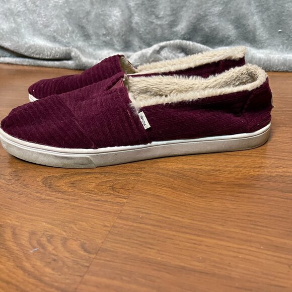 TOMS Womens Alpargata Burgundy Red Faux Fur Lined Corduroy Flat Loafer Slip On 9 - Picture 8 of 9